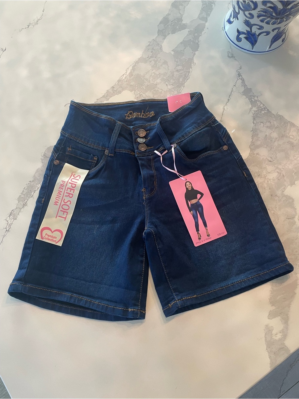 BAMBOO Dark Blue High-Waist Denim Shorts